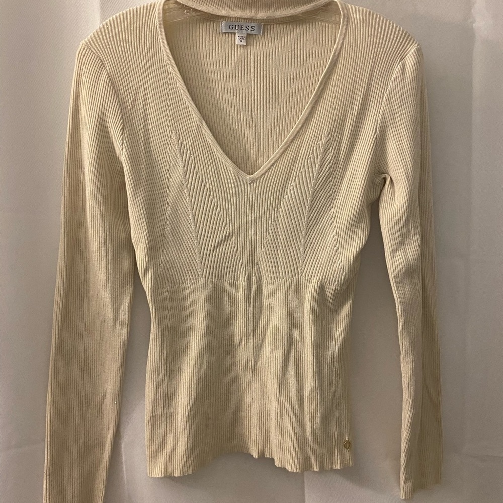 Guess Cream Ribbed V-Neck Sweater